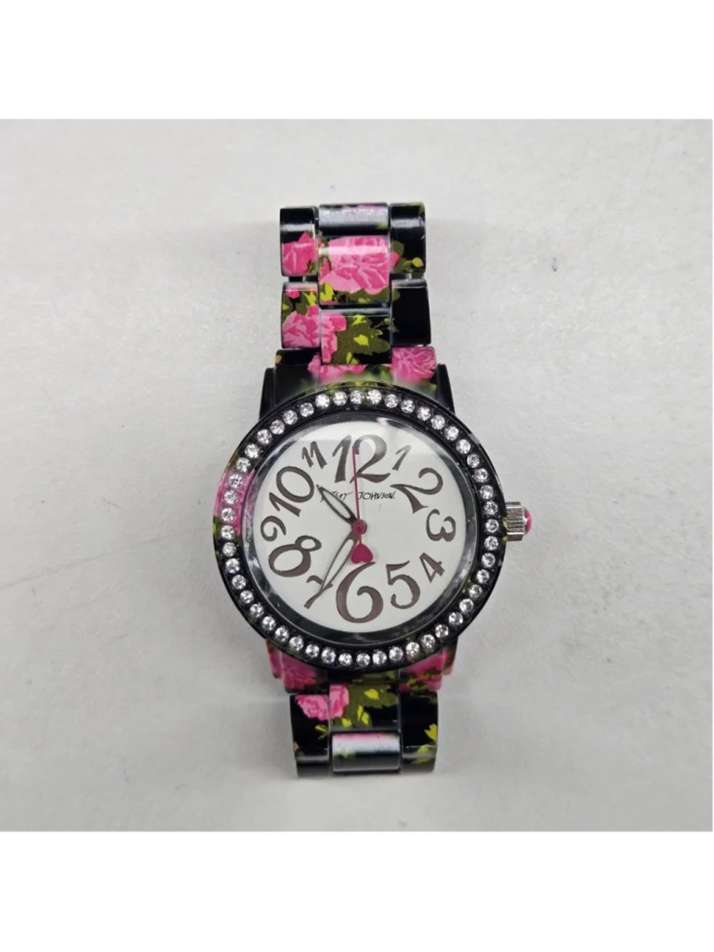 Betsey Johnson Watch Floral Black Pink Stainless Steel Rhinestone Bezel Working
